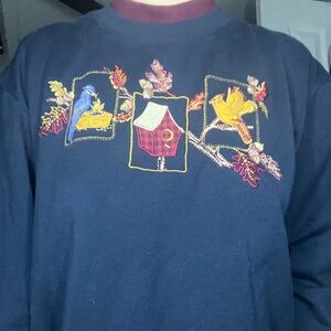 Vintage Navy Sweatshirt with Maroon Collar & Fall Birdhouse Embroidery